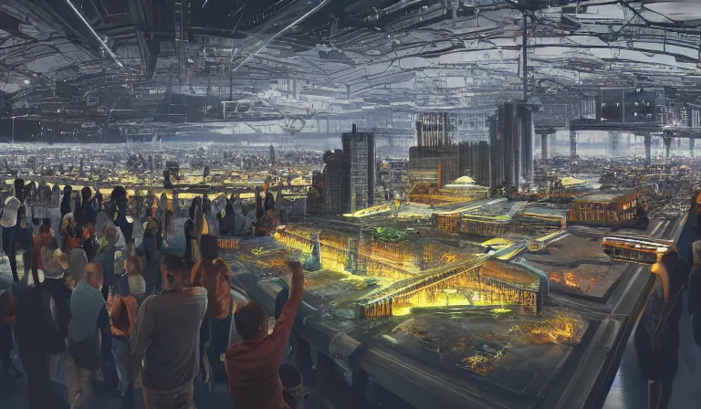 Prompt: large group people in open warehouse, looking at hologram of futuristic city on a table, cinematic concept art, godrays, godrays, golden hour, natural sunlight, 4 k, clear details, tabletop model buildings, center model buildings, hologram center, crane shot, crane shot, crane shot