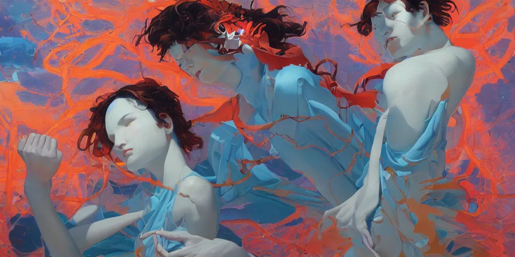 Image similar to gigantic angels painting soft light by james jean and satoshi kon and erik jones, inspired by evangelion, smooth feature, intricate oil painting, high detail illustration, sharp high detail, 1 9 9 9