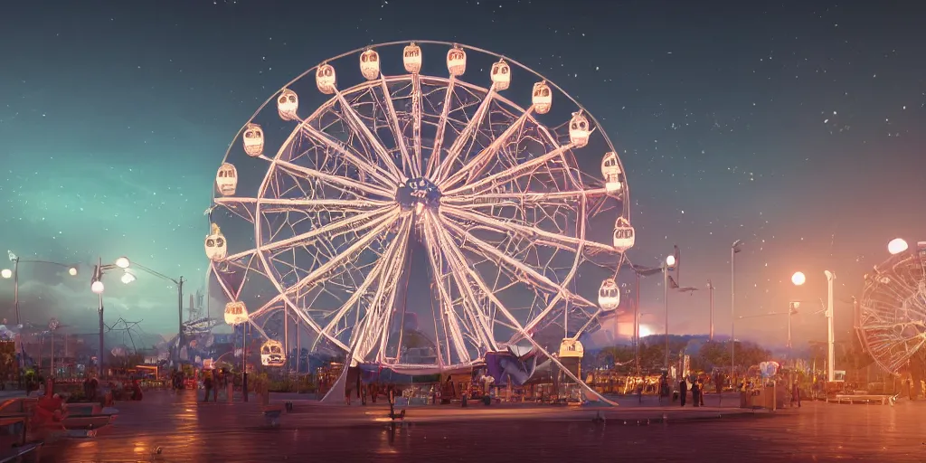 Image similar to a giant ferris wheel at night, hyperrealistic, concept art, octane render, unreal engine 5, trending on artstation, high quality, highly detailed, 8 k hdr, soft lighting, path traced, starry background, bloom, high coherence, symmetrical, high contrast, digital art, serene landscape, cinematic