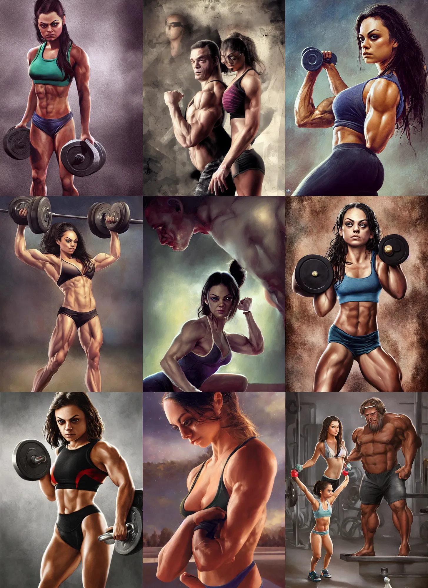 Prompt: bodybuilder mila kunis working out, wlop, steve argyle, ilya kuvshinov, ralph horsley, rossdraw, mark ryden, daniel f. gerhartz, sophie anderson, lilia alvarado, tom chambers