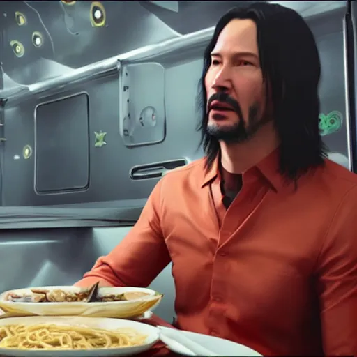 Image similar to keanu reeves in space eat ramen, full hd, octane render, unreal engine 5, ultra realistic