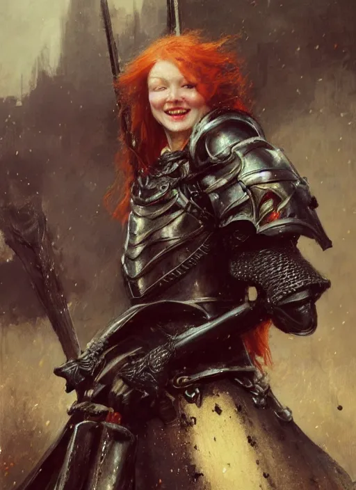 Image similar to young smiling redhead wearing black medieval armour, detailed, by gaston bussiere, bayard wu, greg rutkowski, giger, maxim verehin, greg rutkowski, masterpiece, sharp focus, cinematic lightning