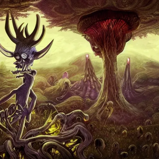 Image similar to a centered chest up portrait of a psychedelic demonic anthropomorphic wendigo smoking a hand - rolled cigarette smoking heavily, magic mushroom village in background. award winning. superb resolution. in the art style of junji ito and greg rutkowski. detailed mushroom city in background. hyper realistic anime. perfect art. dalle 2