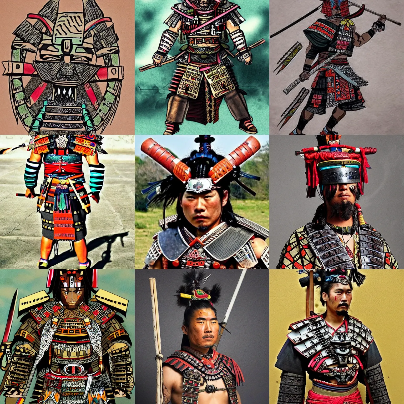 Prompt: a mix between a samurai and an aztec warrior