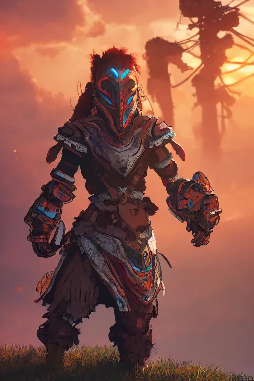 Image similar to combination suit armor aloy horizon forbidden west horizon zero dawn radiating a glowing aura global illumination ray tracing hdr fanart arstation by ian pesty and alena aenami artworks in 4 k tribal robot ninja mask helmet backpack