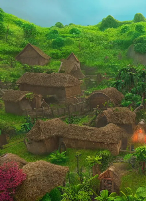 Image similar to subsurface scattering, medieval village in the middle of lush forest, in the style of moana, cinematic lighting, 8 k