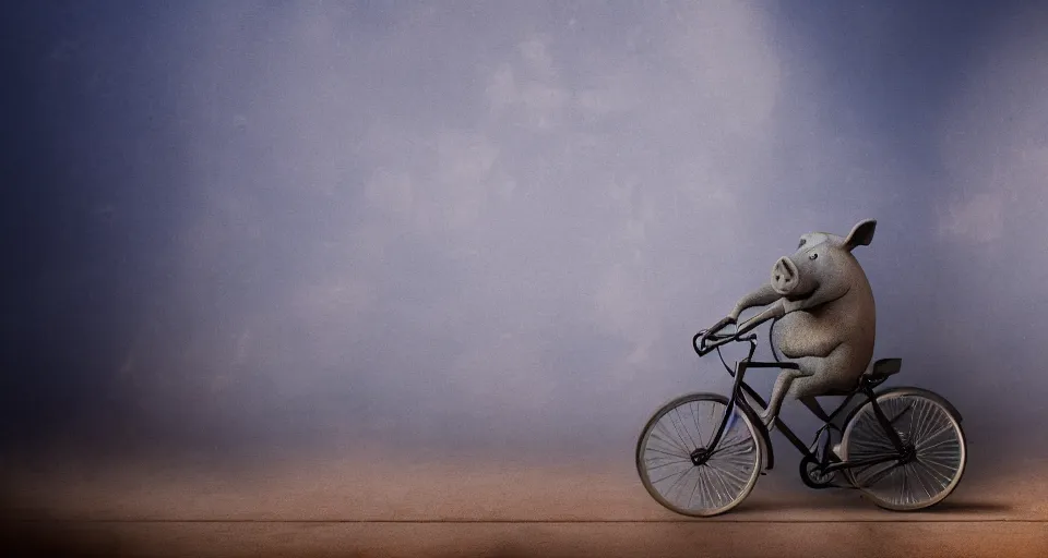 Prompt: a blue pig riding a bicycle, atmospheric lighting, 4 k, realistic