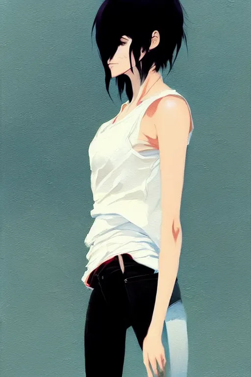 Image similar to a ultradetailed beautiful painting of a stylish woman with a white tank top, she has short black hair with bangs, by conrad roset, greg rutkowski and makoto shinkai trending on artstation