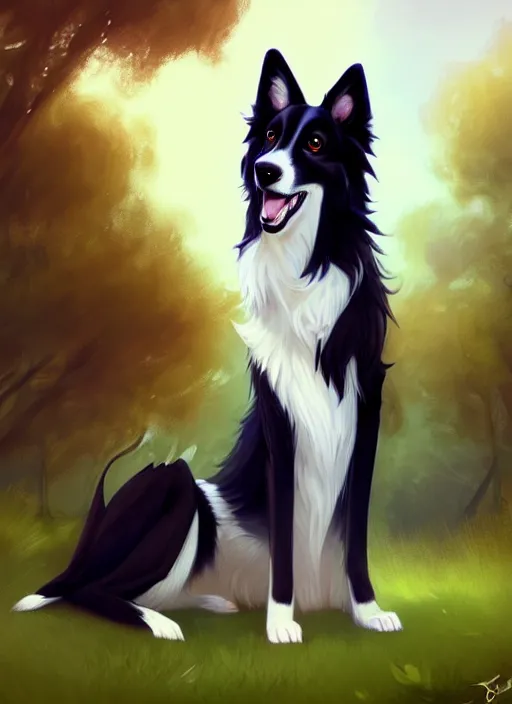 Prompt: wide angle beautiful full body portrait of a cute male anthropomorphic border collie fursona wearing a t - shirt and posing in front of a park, character design by charlie bowater, henry asencio, and ross tran, furry art, furaffinity, scenic background, beautiful, glamor pose, detailed, aesthetic, trending on artstation