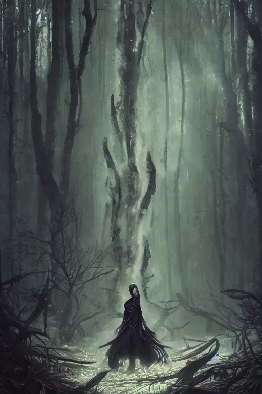 Prompt: a fancy illustrated portrait of a beautiful dark mage performing a ritual deep in a forest by Greg Rutkowski, Sung Choi, Mitchell Mohrhauser, Maciej Kuciara, Johnson Ting, Maxim Verehin, Peter Konig, final fantasy , mythical, 8k photorealistic, cinematic lighting, HD, high details, atmospheric,