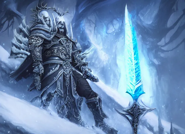 Image similar to the lich king with his mourneblade sitting on the frozen throne artwork by mendoza eddie, trending on artstation