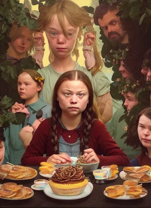 Image similar to highly detailed closeup portrait of greta thunberg eating cakes, stephen bliss, unreal engine, greg rutkowski, ilya kuvshinov, ross draws, tom bagshaw, tom whalen, alphonse mucha, nicoletta ceccoli, mark ryden, earl norem, global illumination, god rays, detailed and intricate environment