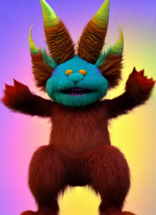Prompt: full body 3 d model of a very cute vibrant rainbow colored grumpy furry monster with fuzzy horns, a 3 d render by wendy froud, designed by jim henson, dark rainbow colored fur, zbrush central contest winner, furry art, rendered in maya, vibrant, colorful, rendered in cinema 4 d, behance hd, daz 3 d, cgsociety, matte background