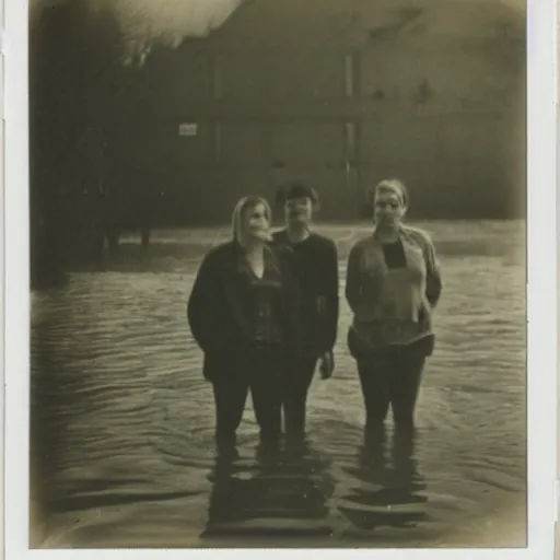 Image similar to an old polaroid of the silhouette of three friends standing in front of a flooded german town, chiaroscuro