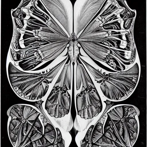 Prompt: Skeletal Butterfly detailed anatomical illustration by Ernst Haeckel, black and white, realistic vintage engraving, Art Nouveau, Ernst Haeckel, skulls, bones, Memento Mori