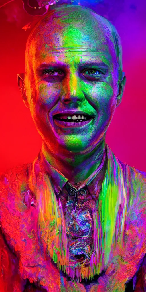 Image similar to impossibly beautiful portrait, dapper dream demon, bad trip, insane smile, intricate complexity, surreal horror, inverted neon rainbow drip paint, trending on art station, photoreal, 8 k, octane render by greg rutkowski