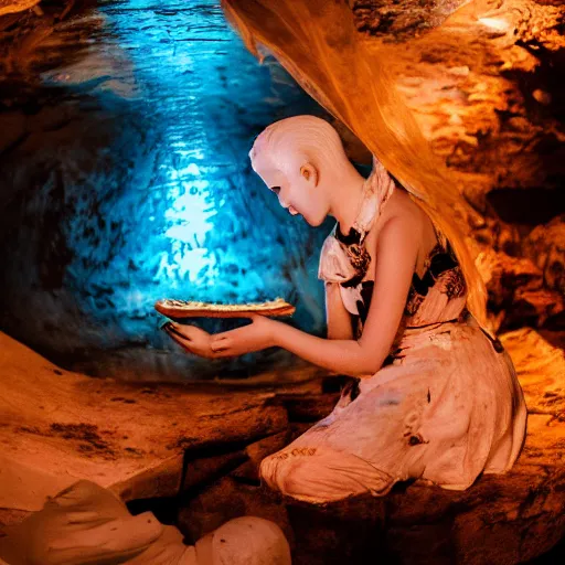 Prompt: cinematic photo of a beautiful albino koi fish woman lit with saturated split colour blue and dusty pink lighting serving pizza in a grotto restaurant