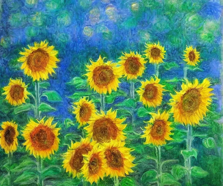 Image similar to sunflowers, monet, water painting, bright colors, sunlight, happy, peaceful, serene, joy