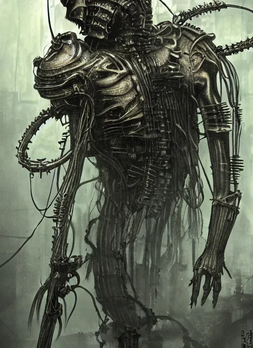 Prompt: Dark scary atmospheric detailed cyberpunk demon with mechanical wires wearing GAS MASK from the NetherRealm smoke mist vapor atmosphere by HR Giger