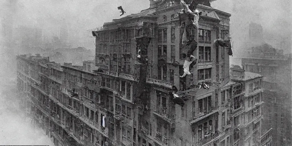 Image similar to a few people run from a luxury building as cameraman points at large flying monster, 1 9 0 0 s photograph