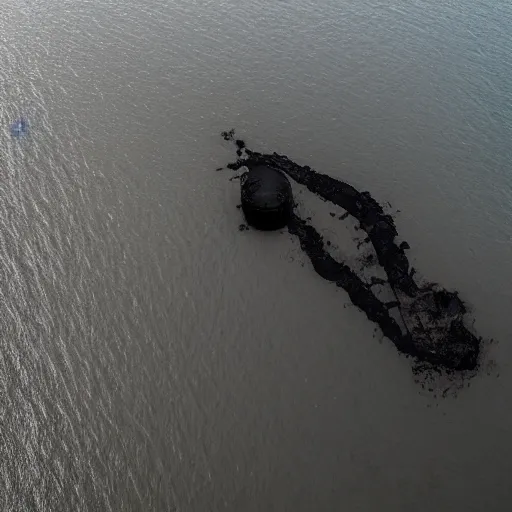 Image similar to airborne view, crashed cargo ship leaking mysterious black gooey liquid, mysterious black slime, black gooey liquid leaking out of crashed cargo ship, apocalyptic, ruined, container ship, crashed, 8 5 mm f / 1. 4