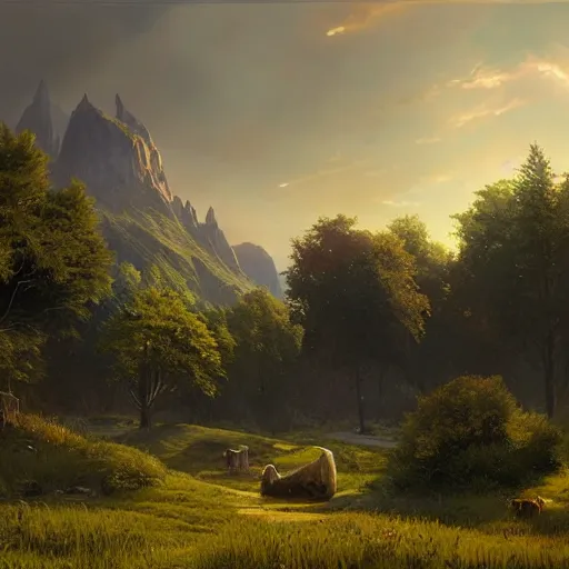 Prompt: beautiful render of a garden landscape, unreal engine, first light, majestic mountains, lush meadows, dramatic trees, soft light, by greg rutkowski, cgsociety