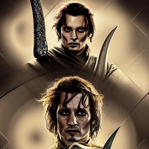 Image similar to symmetry!! portrait of johnny depp starring in the lord of the rings as aragorn, detailed - face!!, artstation, intricate, elegant, highly detailed, film still, nikon, canon eos, zeiss lens, dramatic lighting, sharp - focus!!, art by artgerm and greg rutkowski and alphonso mucha, smooth