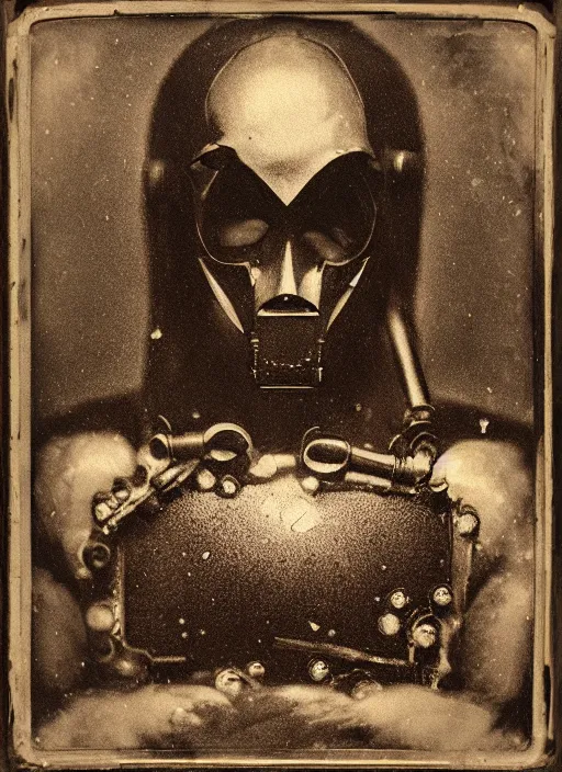 Prompt: old wetplate daguerreotype portrait of the birth of a super masked villain cyborg, explosion of data fragments, fractal, intricate, elegant, highly detailed, parallax, leica, medium format, subsurface scattering, by jheronimus bosch and greg rutkowski and louis jacques mande daguerre