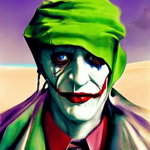 Image similar to lawrence of arabia as the joker, messy, portrait, realistic, concept art by alex ross