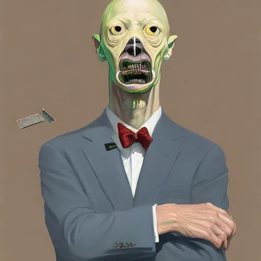 Image similar to Portrait of a man wearing a business suit with a fly head, very coherent, painted by Edward Hopper, Wayne Barlowe, painted by James Gilleard, airbrush, art by JamesJean