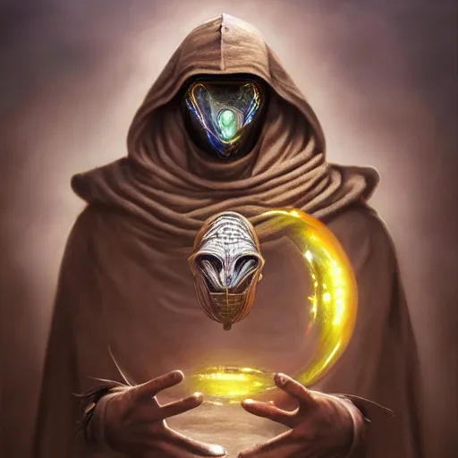 Image similar to masked nomad male wearing a cloak on an alien world and holding a holographic planet projection in his hand, detailed, sci - fi, digital painting, artstation, sharp focus, illustration, ominous, artgerm, tomasz alen kopera, peter mohrbacher, donato giancola, joseph christian leyendecker, wlop, frank frazetta