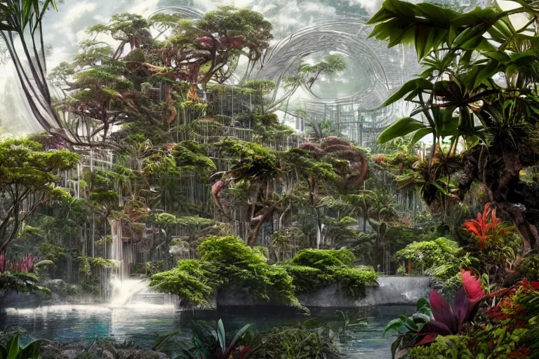 Image similar to brutalist futuristic white Aztec structures, manicured garden of eden, vivid pools and streams, tropical foliage, bromeliads, azaleas, birds, sculpture gardens, Winter, by Jessica Rossier and Brian Froud