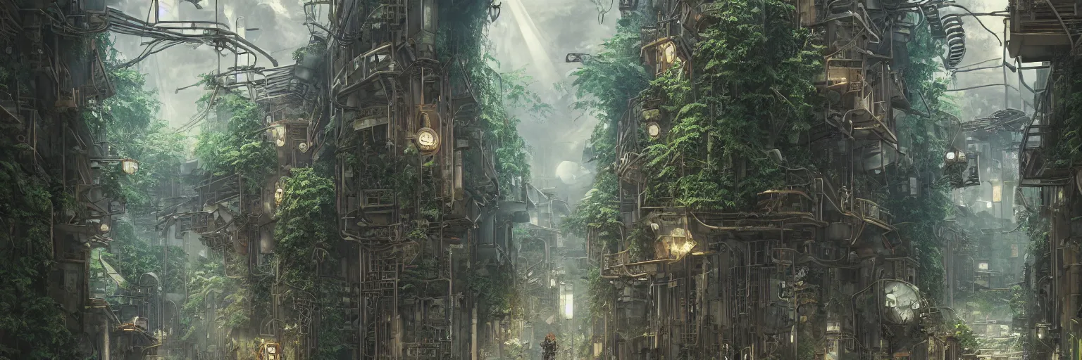 Image similar to Architectural section, dystopian, steampunk style, Miyazaki tekkonkintreet Teikoku Shounen style, amazing Traditional Japanese alley lane on full moon, machinery and wires, lush vegetation and ferns, sun rays, octane render, trending on artstation, hyper detailed, cinematic