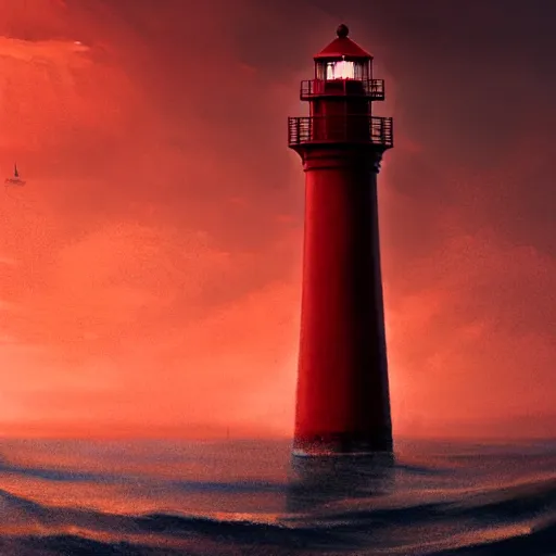 Image similar to beautiful lonely red lighthouse, standing behind red water, 4 k resolution, ultra detailed, style of greg rutkowski, ryan dening,