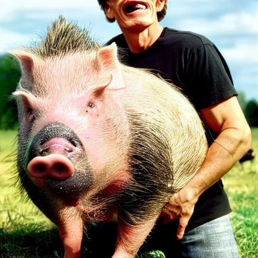Image similar to william dafoe's confusingly large hog, comically oversized pig, photograph