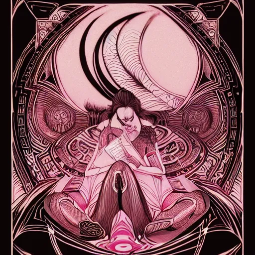 Prompt: rebound, pink maroon and black, detailed linework, cinematic, psychedelic, black paper, ornate, symmetrical, tarot card, highly detailed, ink illustration, style of peter mohrbacher, golden ratio, 8k,
