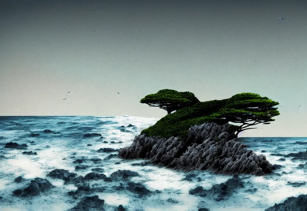 Image similar to low angle landscape seaside windswept trees on a hill overlook ocean waves crashing against rocks cliffs, tourist foreground, rural japan, a collage painting, in the style of wes anderson, lola dupre, david hockney, isolated on negative white space background dark monochrome fluorescent neon spraypaint accents volumetric octane render