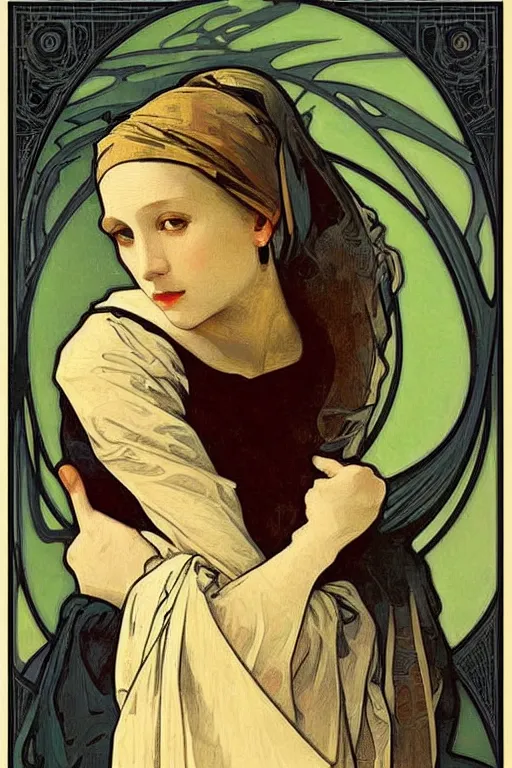 Image similar to Girl with a pearl earring by Alphonse Mucha, Art Nouveau, Neo-Gothic, gothic, rich deep moody colors background.
