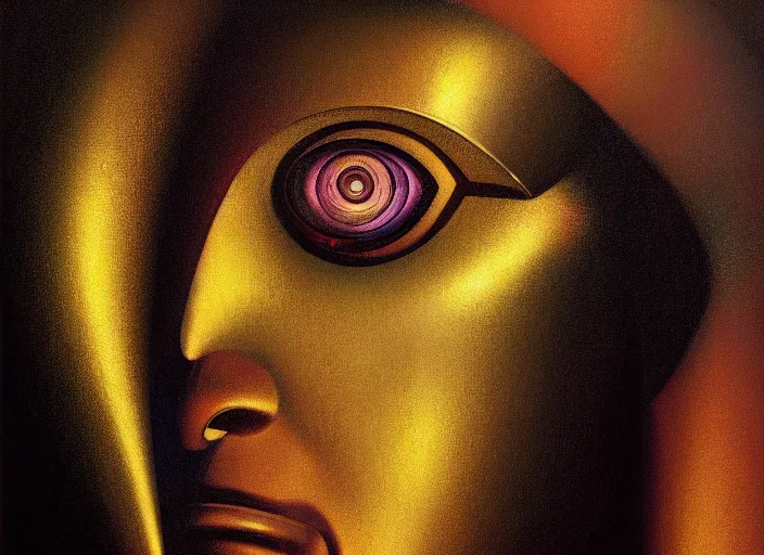 Image similar to asymmetrical portrait headshot of sci fi metallic human, bright eyes, melancholic complex geometric figure liminal biomechanical by oskar schlemmer, moebius, john berkey, film grain, oil on canvas, portrait facial head, featured on artstation, hd wallpaper, 8 k, bright colors, global radiant light