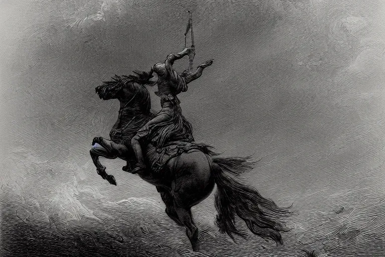 Image similar to A huge rider on a horse rides through epic storm, Gustave Dore lithography