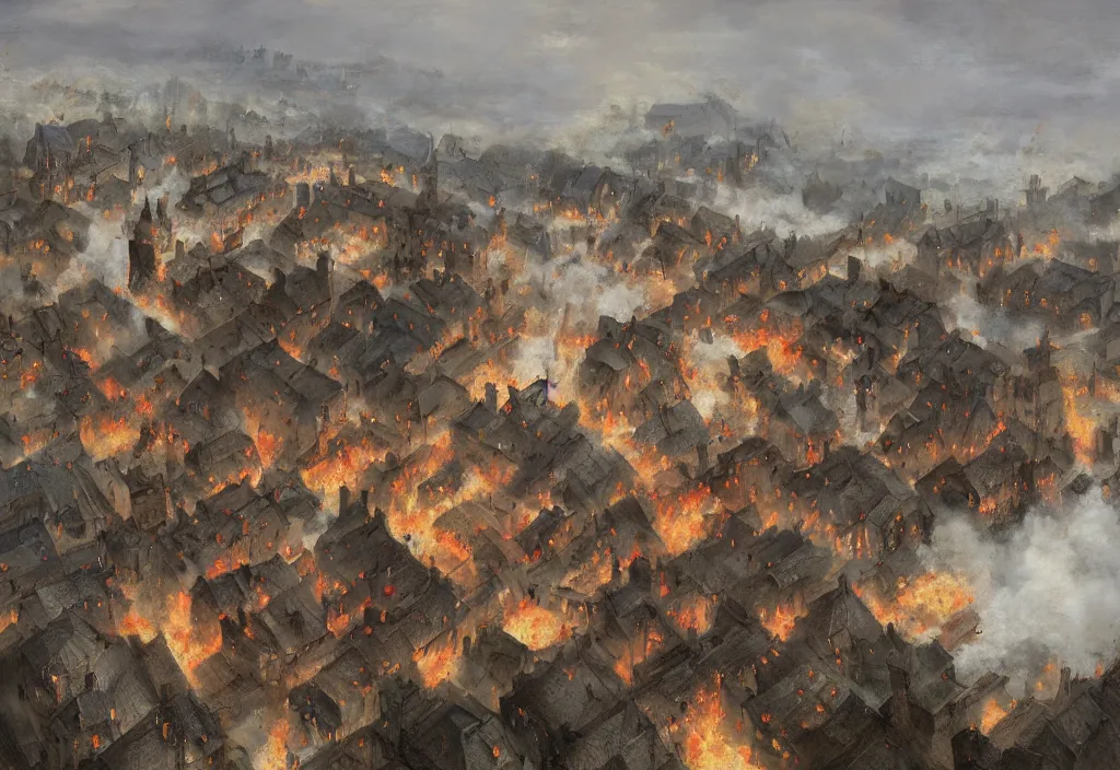 Image similar to bird eye view of a medieval village on fire, artstation, jakub rozalski, high detail, day, fog