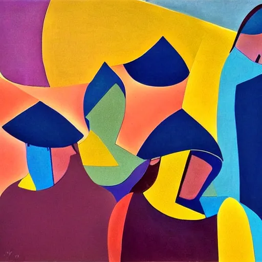 Prompt: woman woman and her sisters bake bread and greet the day at sunrise, abstract art in the style of cubism and georgia o'keefe