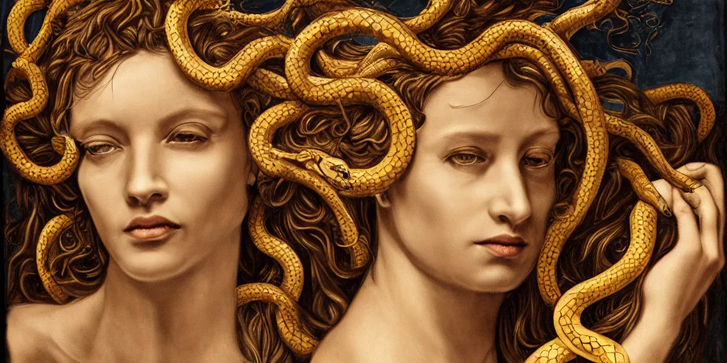 Image similar to realistic portrait of beautiful medusa with her snakes, golden, delicate, facing camera, hyper realism, 1 4 5 0, ink, ultra realistic, 8 k