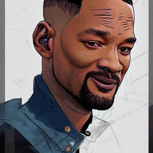 Image similar to a study of cell shaded portrait of will smith concept art, llustration, post grunge, concept art by josan gonzales and wlop, by james jean, Victo ngai, David Rubín, Mike Mignola, Laurie Greasley, highly detailed, sharp focus, alien, Trending on Artstation, HQ, deviantart, art by artgem