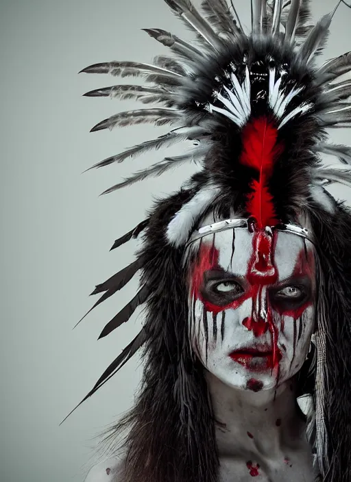 Image similar to the ghost - spirit of the grim - warpaint wears the scarlet skull armor and native blood headdress feathers, midnight fog - mist!, realism, cinematic lighting, various refining methods, micro macro autofocus, ultra definition, award winning photo