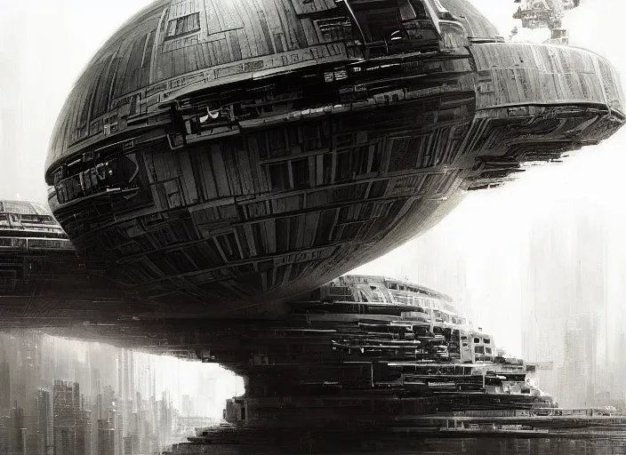 Prompt: death star, scifi, futurism, technological singularity, amazing masterpiece, black and white, wonders of the mind, sustainability, scientific victory, artificial intelligence, art by wenjun lin and artem chebokha and alena aenami and ian llanas