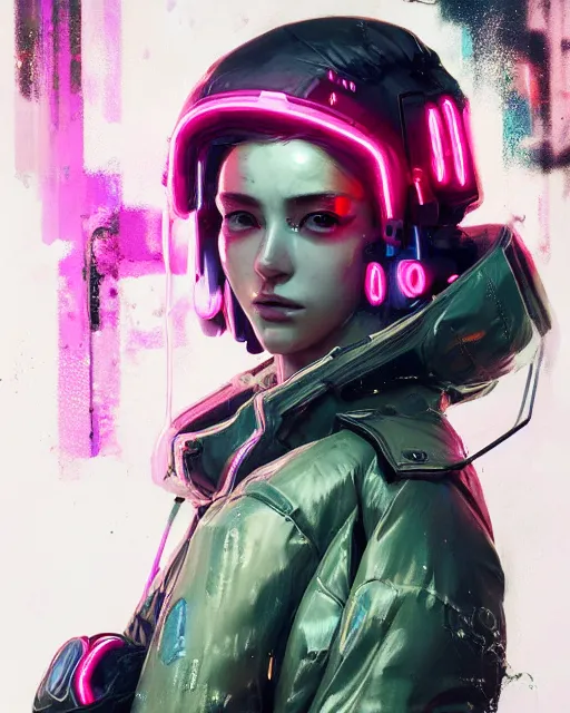 Image similar to detailed portrait Neon Operator Girl, cyberpunk futuristic neon, reflective puffy coat, decorated with traditional Japanese ornaments by Ismail inceoglu dragan bibin hans thoma greg rutkowski Alexandros Pyromallis Nekro Rene Maritte Illustrated, Perfect face, fine details, realistic shaded, fine-face, pretty face