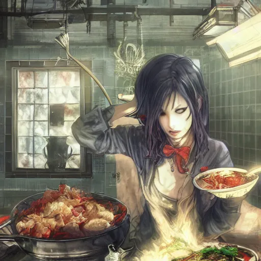 Image similar to goth woman making dinner, color page, tankoban, 4 k, tone mapping, akihiko yoshida, james jean andrei riabovitchev marc simonetti, yoshitaka amano, long hair, curly, h. hydrochaeri