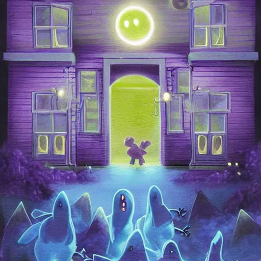 Image similar to hyperrealistic painting of pokemon lavender town, terrifying, purple dim light, ghosts flying