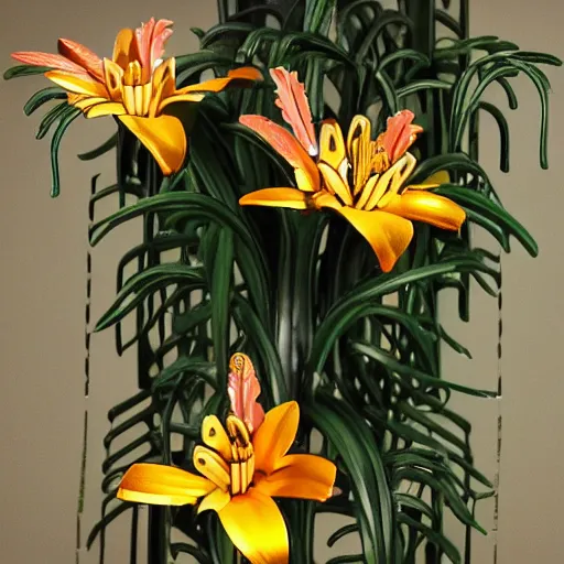 Image similar to mechanical tiger lily flower, metallic, glowing, high detail